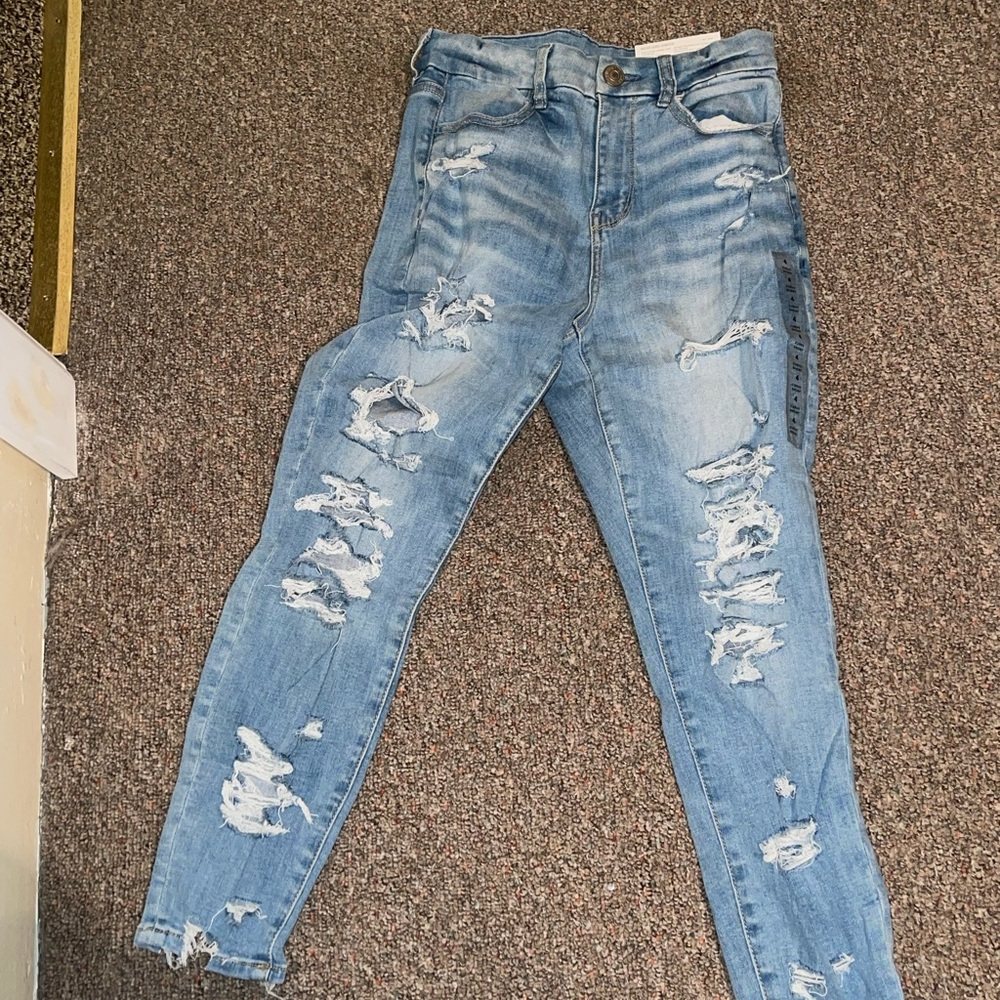 American Eagle Curvy Hi-Rise Distressed Blue Jeans